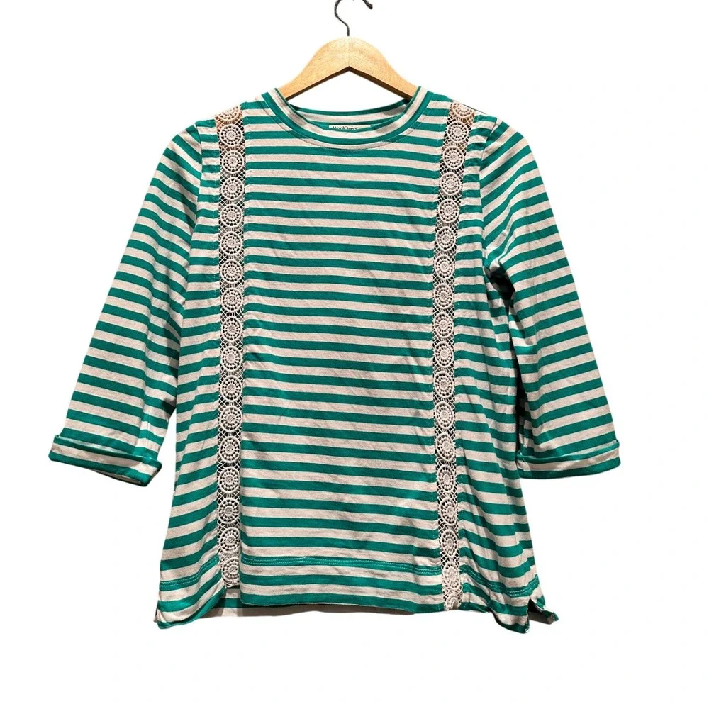WoolOvers‎ Lace Insert 3/4 Sleeve Tee Shirt Jade White Stripe Size Small Cotton